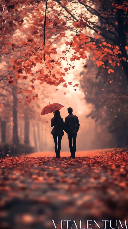 Two people walk together under red umbrella in autumn foliage