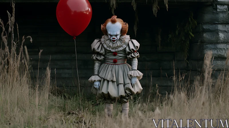 Melancholy horror clown guards a lone red balloon.