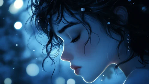 Blue-lit profile portrait captures serene winter silence.