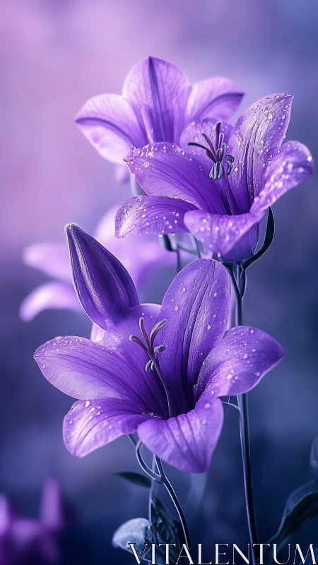 Purple Bellflowers with Dew Drops: Macro Floral Study.