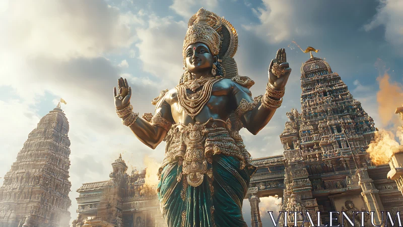 Colossal celestial deity rises over blazing temple skyline.