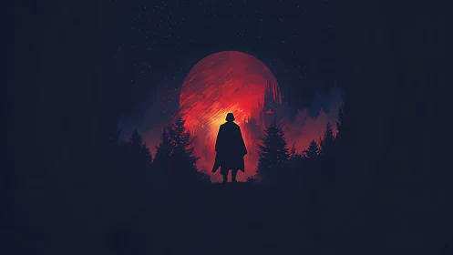 Silhouetted wanderer before burning crimson moonrise.