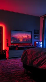 Neon-drenched gaming sanctuary hums quietly in midnight reds