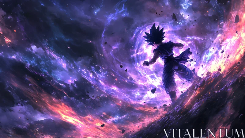 Cosmic energy vortex surrounds lone fighter in high-intensity nebula