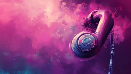 Pink rotary phone handset in abstract digital clouds.
