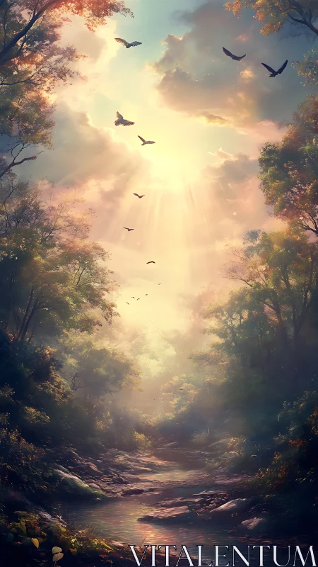 Golden forest sunrise pours gentle light along the stream