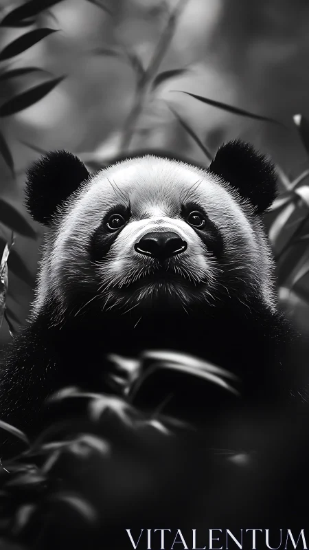 Panda gazes through bamboo shadows in soft monochrome light
