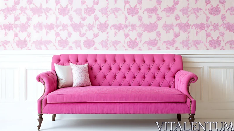 Fuchsia tufted sofa anchors white room with pink pattern