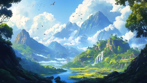 Luminous valley beneath towering cloudlit mountainscape.