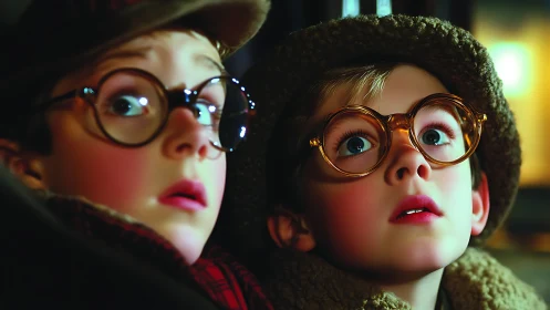 Wide-eyed winter detectives in oversized storybook glasses.
