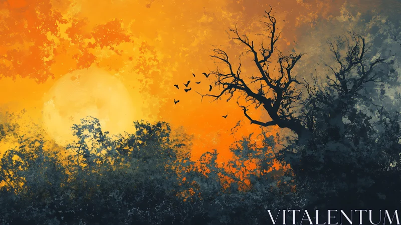 Silhouetted dead tree and birds against textured orange dusk sky