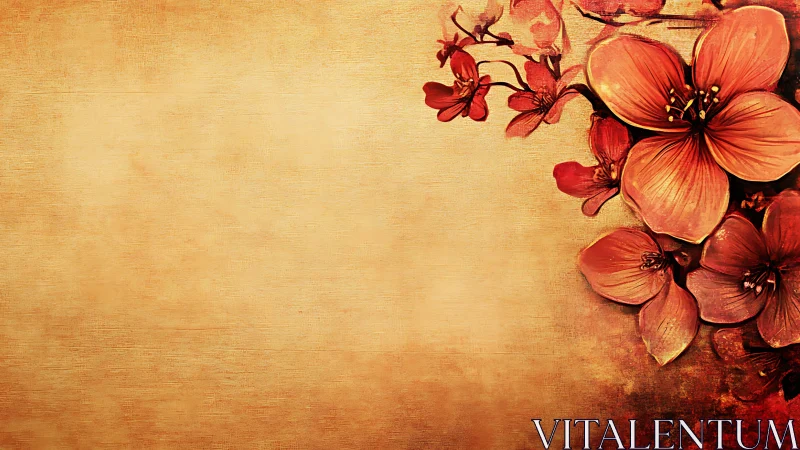 Red Flowers Dance Across Warm Gold Canvas Background.