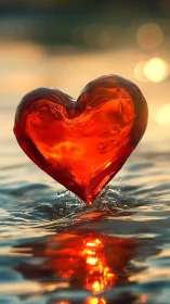 Red glass heart form suspended in water with bokeh background.