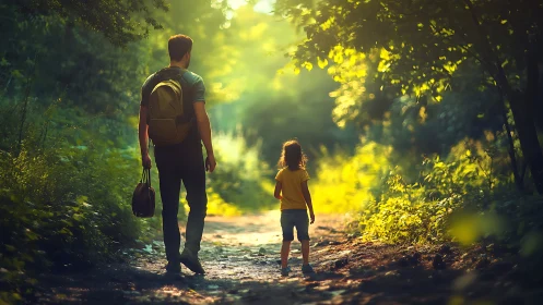 Backlit Forest Trail: Adult and Child Walking Through Dappled Canopy Light