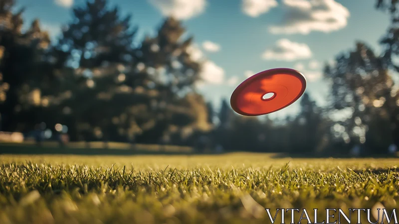 Red disc is captured mid-flight above a grassy field