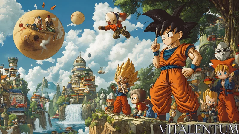 Group of anime characters stands in dense fantasy townscape