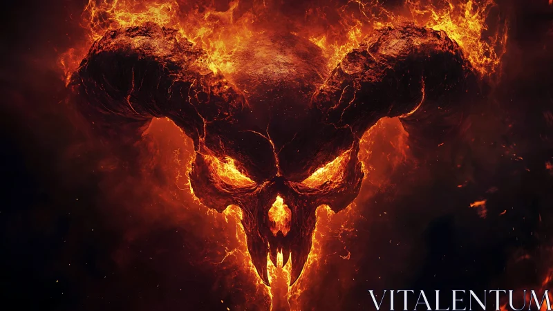 Infernal horned skull emerging from eruptive molten firestorm
