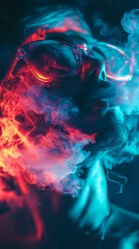 Close-up portrait with neon lights and swirling smoke plume.