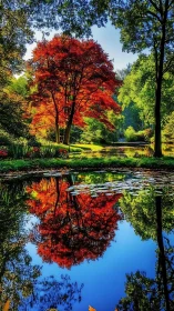 Fiery autumn maple reflects vividly across tranquil pond.