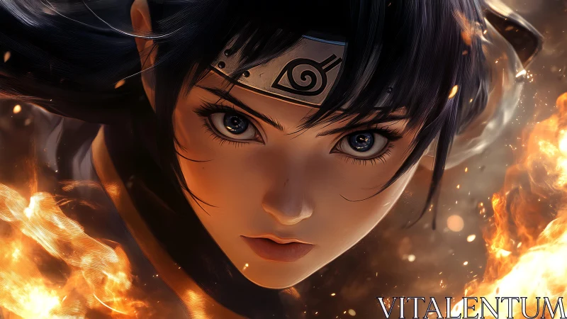 Intense anime kunoichi portrait amid swirling flames.