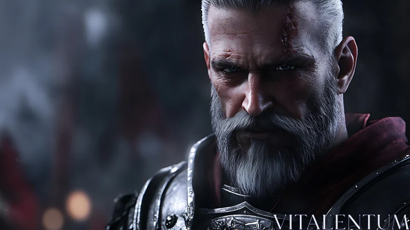 Grey bearded armored warrior portrait in low key lighting.