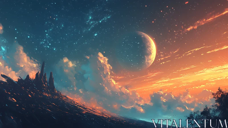 Alien landscape shows crescent planet over glowing clouds