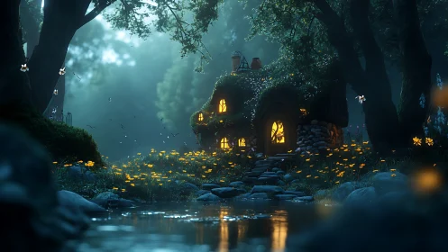 Forest cottage with illuminated windows beside shallow stream