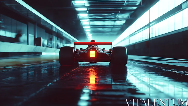 Neon-lit formula race car poised in reflective pit lane.