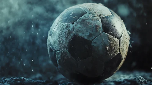 Weathered soccer ball under cinematic rain lighting study.