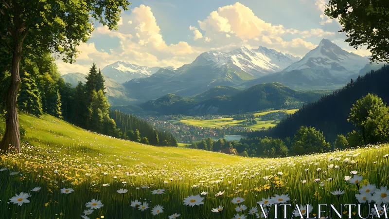 Mountain valley landscape with meadow, forest, and village.