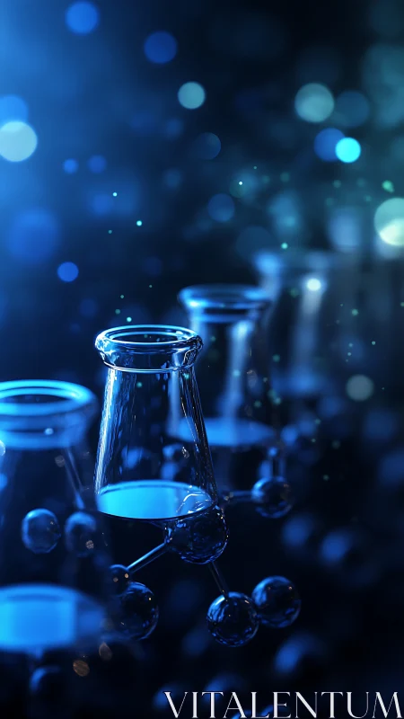Laboratory glassware with molecular structure in blue light.