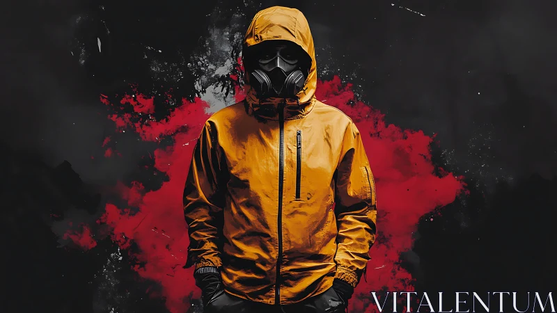 Hooded figure in respirator framed by red abstract vapor field