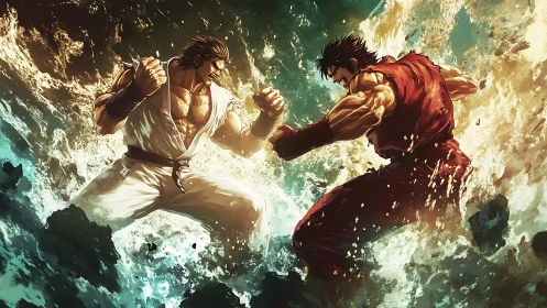 Dynamic muscular fighters collide amid turbulent water impacts