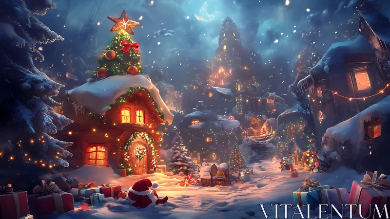 Snow-covered village street glows with Christmas lights and gifts