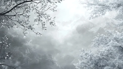 Winter mist floods quiet mountain valley between pale trees