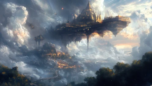 Floating fortress city hovers above cloud canyon landscape