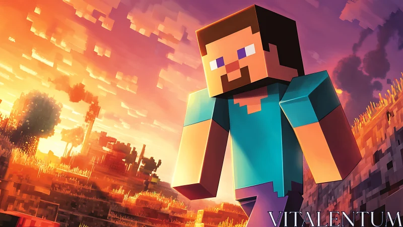 Blocky game character walking through sunset terrain.