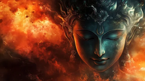Serene cosmic face glowing softly in swirling fiery clouds.