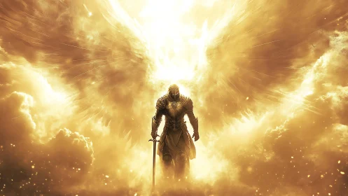 Armored angelic warrior emerges from radiant celestial clouds