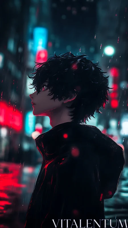 Solitary anime boy walks through neon rain at midnight