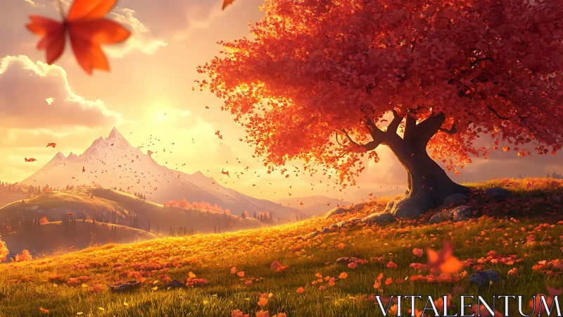 Digital landscape shows red tree before distant mountain peak