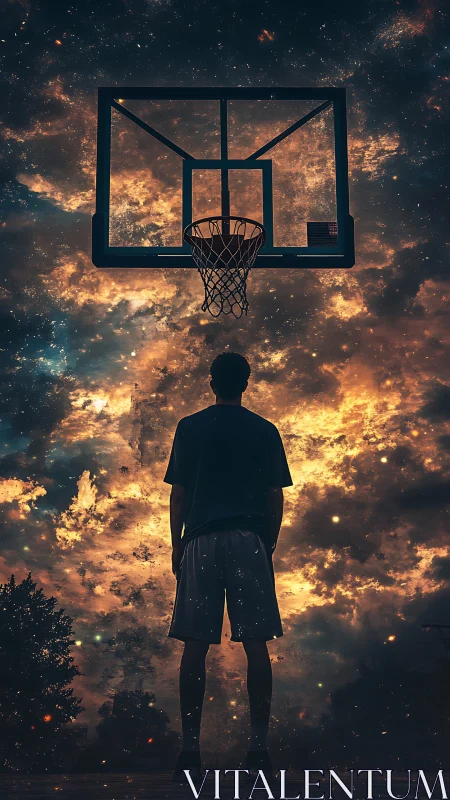 Silhouetted basketball player studies hoop against cosmic nebula sky