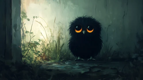 Wide eyed black owl in dim overgrown stone passage.