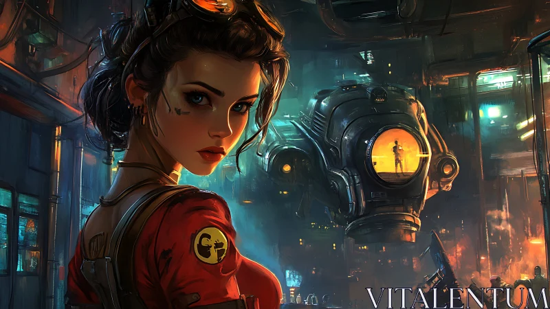 Female mechanic in neon industrial hangar with hovering pod.