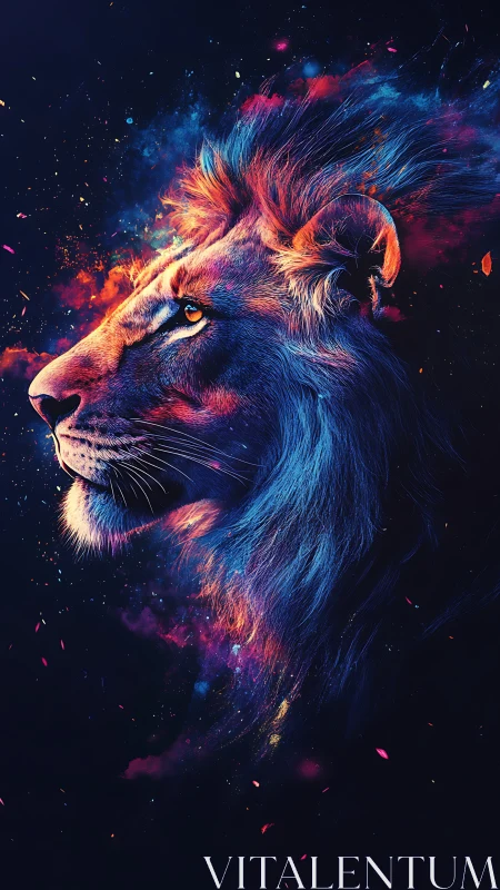 Neon lit lion profile dissolves into high contrast cosmic nebula