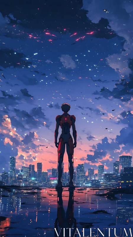 Lone cyber guardian studies star-scarred dusk above city
