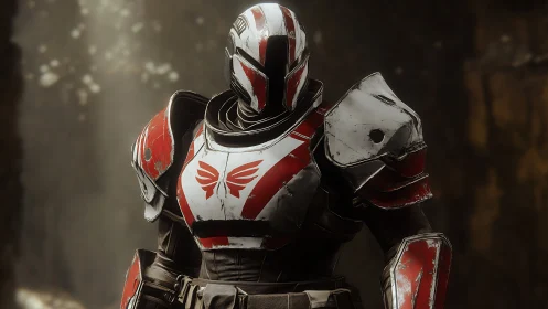 Heavily weathered sci fi combat exosuit with red white livery