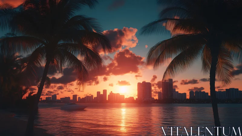 Sunset city skyline glows behind tranquil tropical shoreline