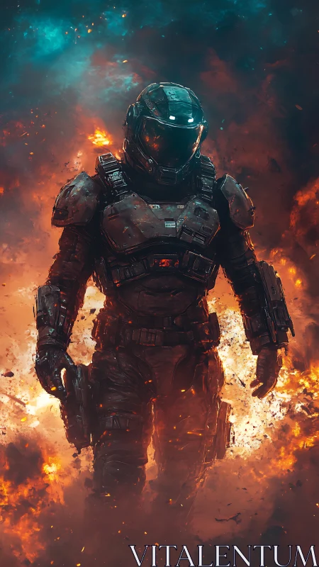 Bold armored space soldier strides through blazing firestorm