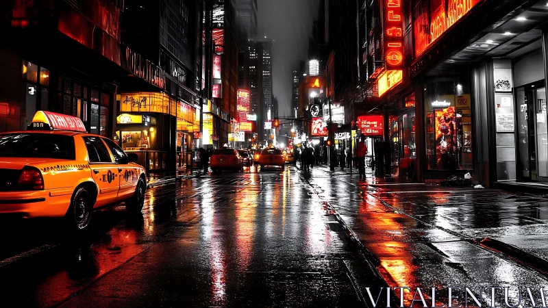 Yellow taxis line wet neon city street under night rain